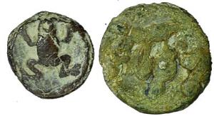 City-State of Mugamukhe, 2nd century BC, Lead (2), .4 and 3.5 g, frog and a balance-like s
