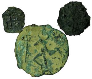 Koshambi, 2nd century BC, Copper (3), 5.6, 0.9 and 0.4 g, Lanky Bull type in three denomin
