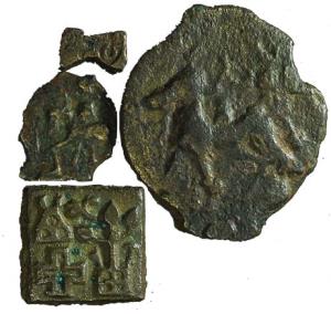 Koshambi, Copper (10), Lanky Bull, Uninscribed Cast and Damru-Shaped, various denomination