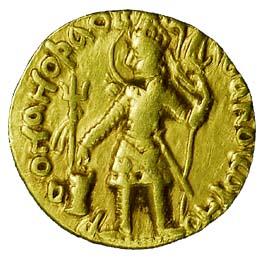 Kushanas, Vasudeva, Gold, 7.9 g, Dinar, Osho type, king to left, holding a trident and sac