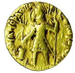 Kushanas, Vasudeva, Gold, 7.9 g, Dinar, Osho type, king to left, holding a trident and sac