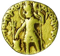 Kushanas, Vasudeva, Gold, 7.9 g, Dinar, Osho type, king to left, holding a trident and sac