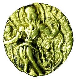 Guptas, Chandragupta II, Gold, 7.6 g, Dinar, Archer type, the Emperor standing to left hol