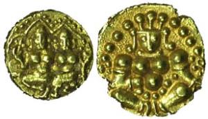Gold (2), Pagoda, Vijayanagara, Sadashivaraya II, Laxmi-Narayana type with the unique moun