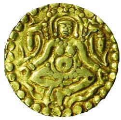Kalachuris of Tripuri, Gangeya Deva (AD 1015-1040), Gold, Laxmi type with seated Laxmi on 