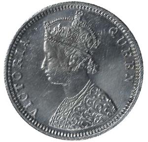 Queen Victoria, Silver, Rupee, 1862, 1 Dot Above and 2 Dots Below. A small scratch mark on