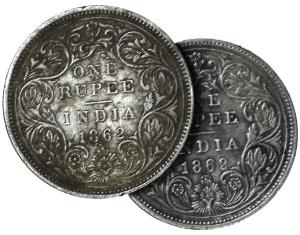 Dot Rupees of 1862: Silver (6), 2 Dots Above, 0 Dot Below (2); 3 Dots Below (2); and 4 Dot