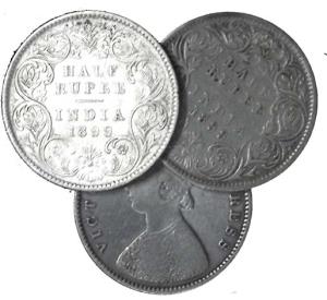 Victoria Empress, Silver (9), ½ Rupee, 1862, 1887, 1892 (2), 1893, 1897, and 1899 (3). Fin