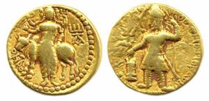 Kushanas, Huvishka, Gold, Dinar, Shiva-Nandi type, king sacrificing at an altar and holdin