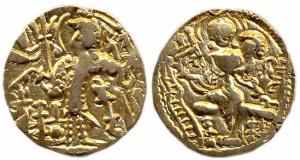 Later Kushanas, Kidar Kushana, Base Gold, Dinar, king sacrificing at an altar on obv; enth