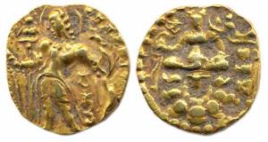 Guptas, Chandragupta II, Gold, Dinar, Archer type with king standing to left in centre, ho