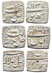 Akbar, Silver (3), Rupee, Square, Allahu Akbar type, Ahmedabad Mint, Mintless type (2). Ve