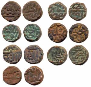 Akbar, Copper (7), ½ Dam, Agra, Alwar, Dehli, Do Gaon, Hisar, Kalpi and Narnol Mints. Fine