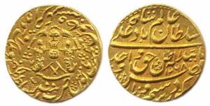 Wajid Ali Shah (AD 1847-1856), Gold, Ashrafi, Mint name variety VI, AH 1268/5 (KM# 378.3).