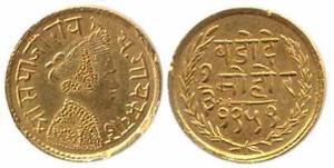 Sayaji Rao III (AD 1875-1938), Gold, 1/3 Mohur, 2.3 g, milled coinage, VS 1959 (KM# A38). 