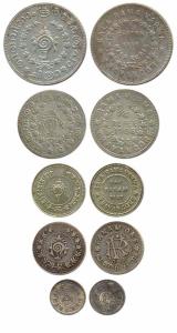 Silver (5), Set of 5 coins: ½ Rupee, ¼ Rupee, 1 Fanam (2 varieties), and 2 Chukrams. Fine+