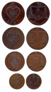 Bombay Presidency, Bronze (4), Proofs, milled coinage, 2 Pice or 8 Reas, 1-1/2 Pice or 6 R