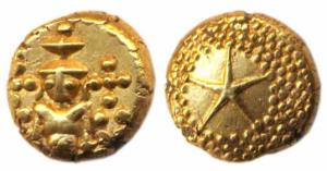 Madras Presidency, Gold, Star Pagoda, Vishnu standing on obv; a star on a granulated rev (