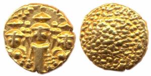 Madras Presidency, Gold, 3-Svami Pagoda, Tirupati Balaji with his two consorts standing on