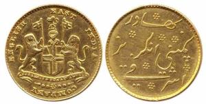 Madras Presidency, Gold, Mohur (Ashrafi), crest of the English East India Company on obv; 