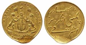 Madras Presidency, Gold, Mohur (Ashrafi), crest of the English East India Company on obv; 