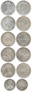 Victoria Empress, Silver (6), Rupee (5), 1901; ½ Rupee, Victoria Queen, 1862. Fine+ to Ver