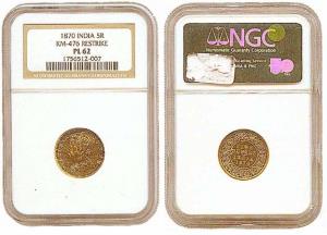 Victoria Queen, Gold, 5 Rupees, 1870. Graded by the Numismatic Guaranty Corporation, USA a