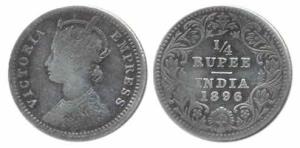 Victoria Empress, Silver, ¼ Rupee, 1896, Calcutta Mint with incused c in the lower flower 