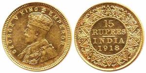 George V, Gold, 15 Rupees, 1918. Extremely Fine, Rare.