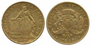 Republic of Chile, Gold, 8 Escudos, 27 gm, 1843. Fine+, Rare.