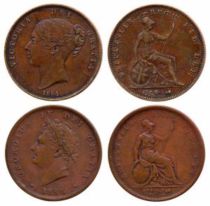 Great Britain, Copper (2), George IV, Penny, 1826; Victoria, Penny, 1854. Very Fine+, Scar