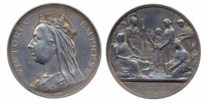 Calcutta International Exhibition, silver medal, 1883, by J. S. & A. B. Wyon, crowned drap