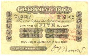 Rupees 5, green under print, Bombay circle, signed O. T. Barrow, 6th Jun 1899, (Jhun #1.1D