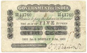 Rupees 5, green under print, Bombay circle, signed O. T. Barrow, 09th Jan 1901, (Jhun #1.1