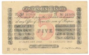 Rupees 5, red under print, Universal, signed A. C. Mc.Watters, 17th Jan 1922, (Jhun #1.6.2