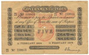 Rupees 5, red under print, Universal, signed H. Denning, 11th Feb 1924, (Jhun #1.6.3), (KM