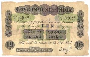 Rupees 10, green under print, Calcutta circle, signed A. F. Cox, 18th Nov 1901, (Jhun #2.1