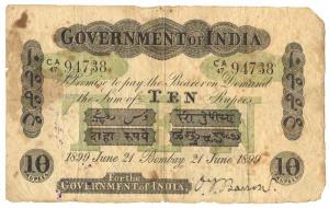 Rupees 10, green under print, Bombay circle, signed O. T. Barrow, 21st Jun 1899, (Jhun #2.