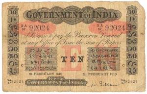 Rupees 10, red under print, Calcutta circle, signed R. W. Gillan, 21st Feb 1910, (Jhun #2.
