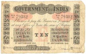 Rupees 10, red under print, Bombay circle, signed R. W. Gillan, 27th Sept 1910, (Jhun #2.3