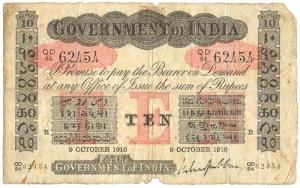 Rupees 10, red under print, Rangoon circle, signed M. M. S. Gubbay, 9th Oct 1916, (Jhun #2