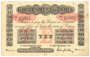 Rupees 10, red under print, Universal, signed M. M. S. Gubbay, 19th Sept 1919, (Jhun #2.4.