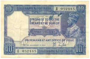Rupees 10, George V, 3rd issue, 1933, signed J. W. Kelly, (Jhun #8.2), (KM #10b), Good Ver