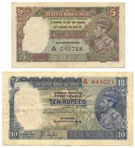 Rupees 5 & 10 Pair, George VI, 1st issue, 1938, signed J. B. Taylor, (Jhun #3.1 & 5.1), (K