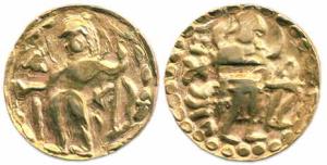Post Gupta Coin of Samtata, Gold, Dinara, crude imitation of Gupta coins, Goddess on rev a