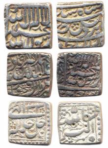 Akbar, square Silver Rupees (3), Fatehpur, AH 987 (KM 82.2), Bangala (KM 82.2), Mintless (