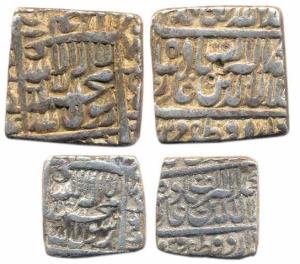 Akbar, square Silver Rupee & ½ Rupee, Urdu Zafar Qarin, Alif (AH 1000) (KM 61.4 ; 82.8). G