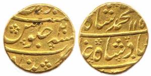 Muhammad Shah (1719-1748 AD), Gold, Mohur, Khujista Bunyad Mint, RY 20. Mint name at botto