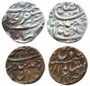 Akbarabad (Agra) Silver Rupees (2) in the name of Shah Alam II, AH 1176/3, 1178/5 (KM 6). 