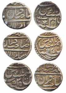 Kumher, Rupees (3) in the name of Muhammad Akbar II, years 25, 26, 1246/27 (KM 116). Unrec